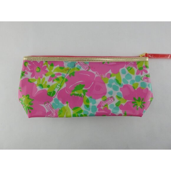 Lilly Pulitzer Estee Lauder Pink Green Floral Plastic Cosmetic Makeup Bag Pouch - Picture 2 of 4